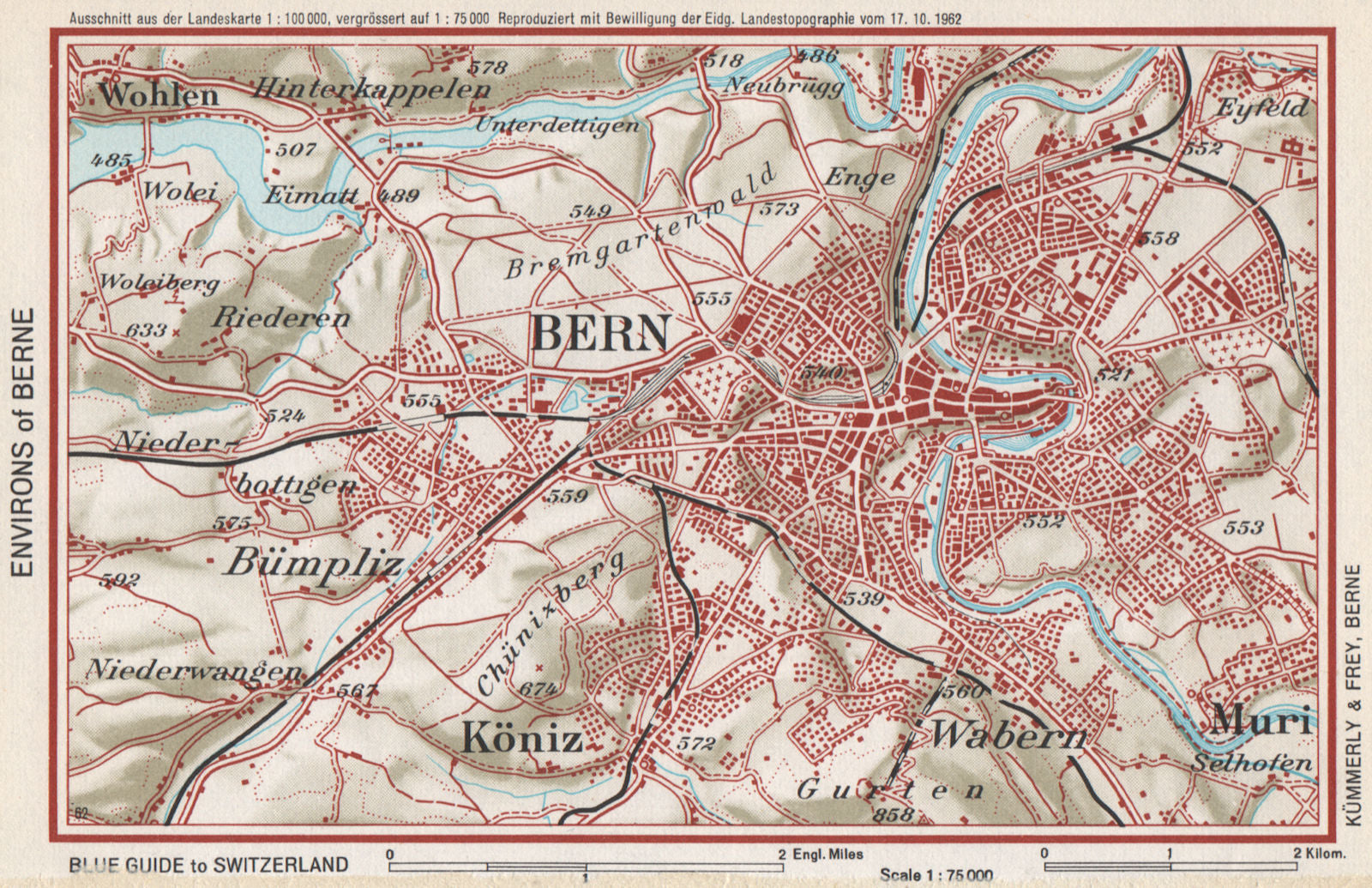BERNE ENVIRONS. Vintage map plan. Switzerland 1963 old vintage chart